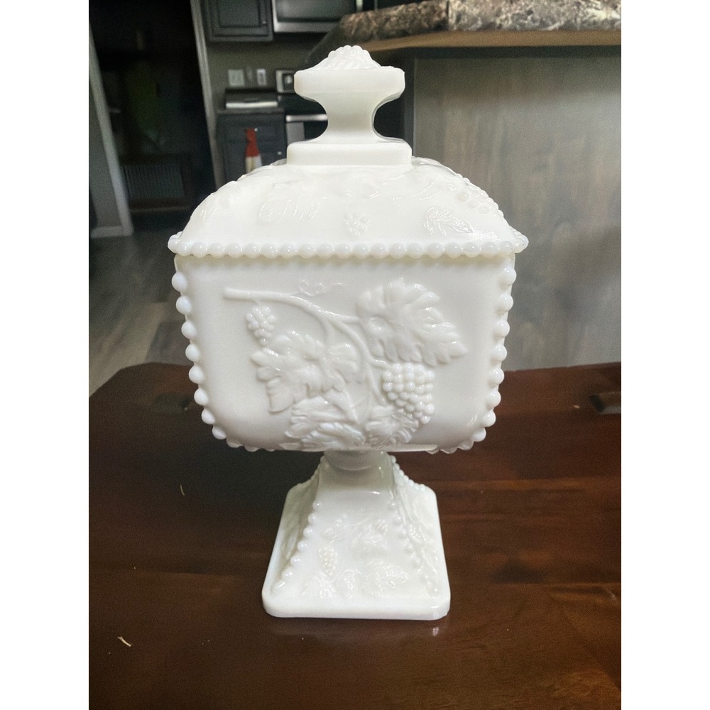 Westmoreland Milk Glass Paneled Grape Footed Wedding Box Candy Dish with Lid
